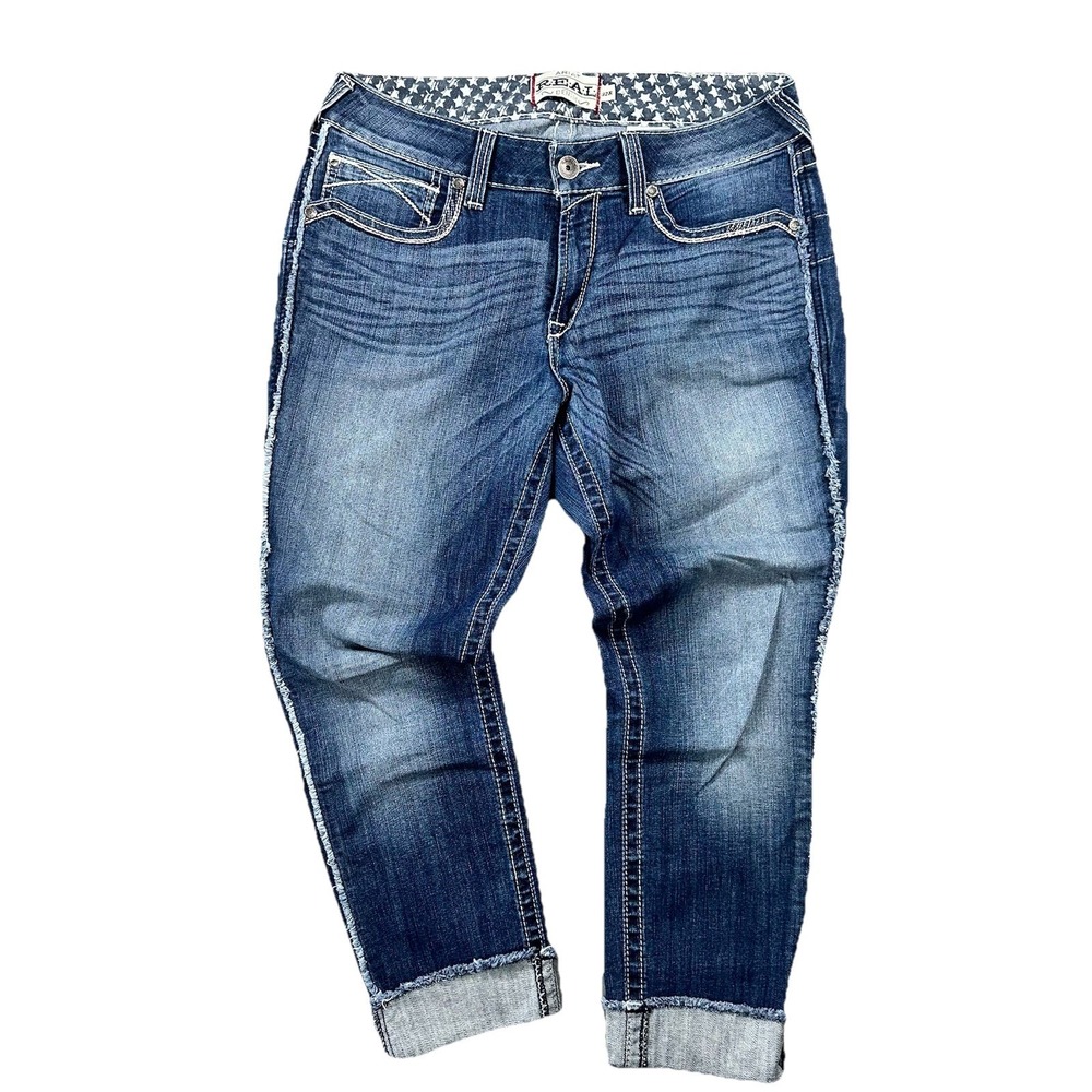 Ariat REAL Denim Jeans Mens 32 Blue Western Frayed Seam Cuffed Straight 10023493